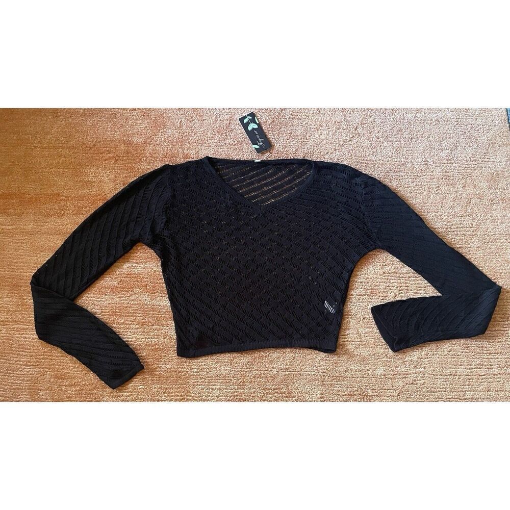 Fayenne Crochet Black Women's Long Sleeve Sweater -Mesh V-neck Size M New